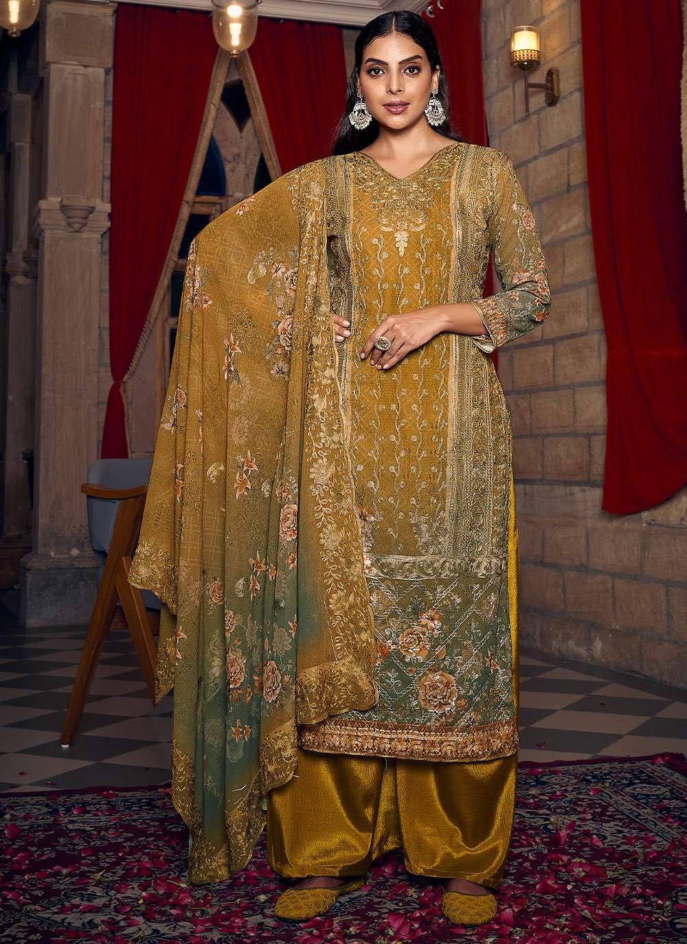 Palazzo Salwar Suit Georgette Mustard Digital Print Salwar Kameez