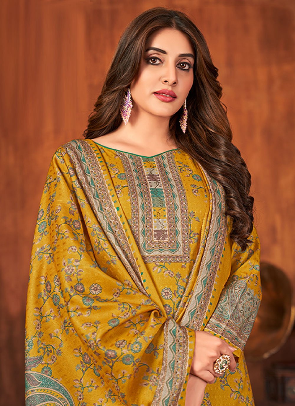 Salwar Suit Pashmina Mustard Diamond Salwar Kameez