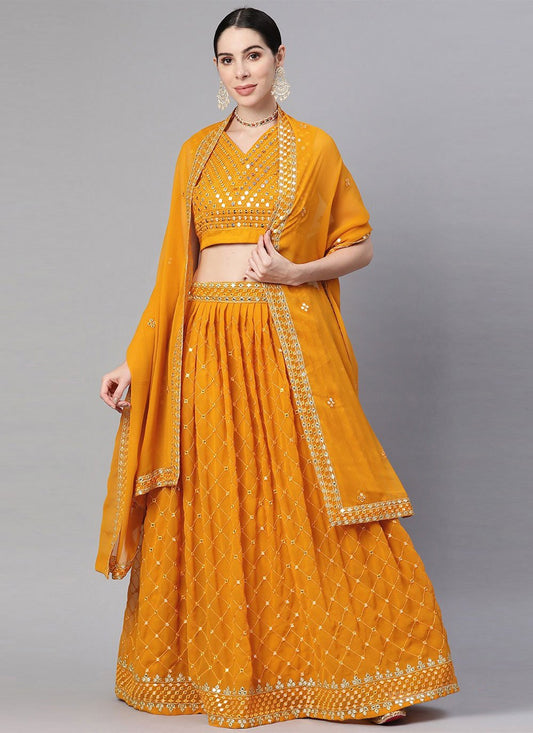 A Line Lehenga Georgette Mustard Embroidered Lehenga Choli