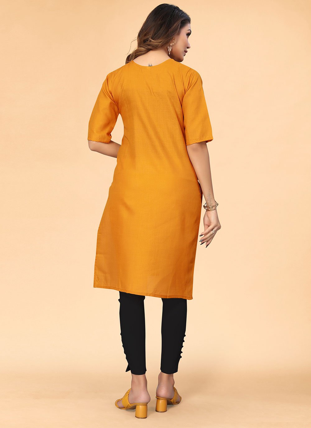 Designer Kurti Cotton Mustard Embroidered Kurtis