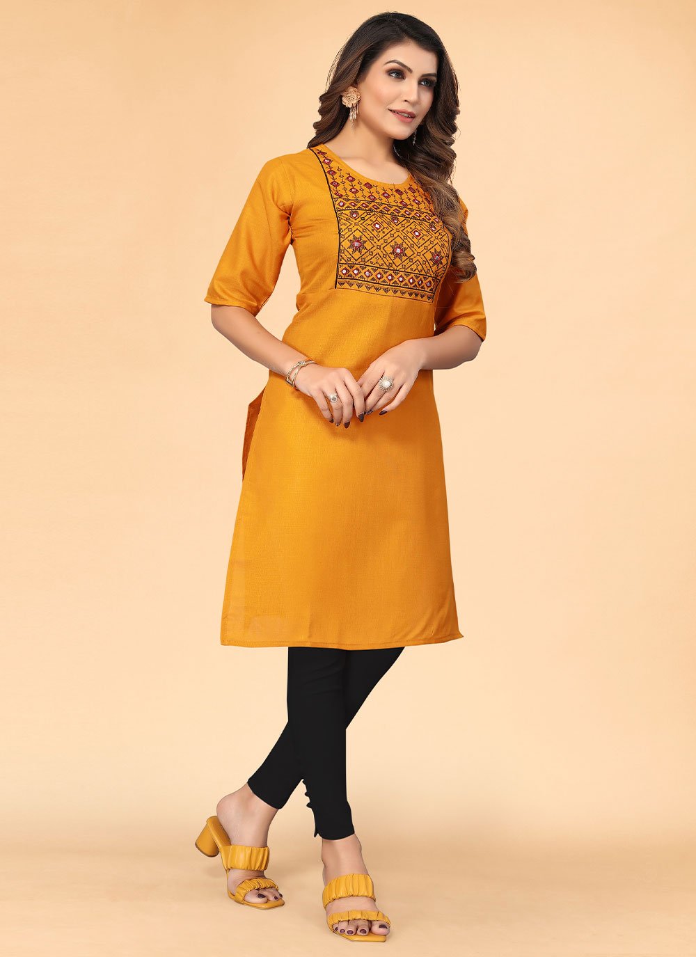 Designer Kurti Cotton Mustard Embroidered Kurtis