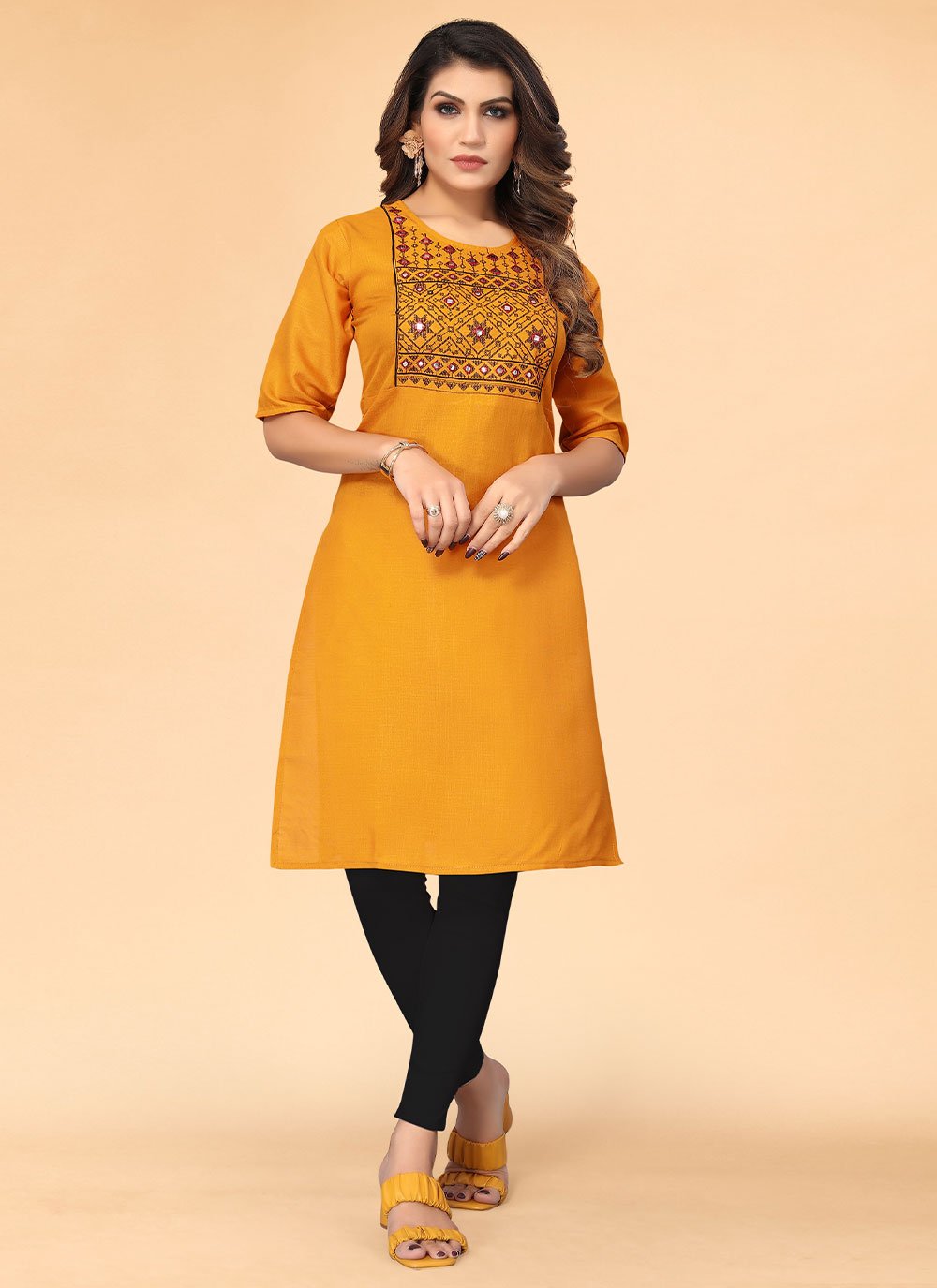 Designer Kurti Cotton Mustard Embroidered Kurtis