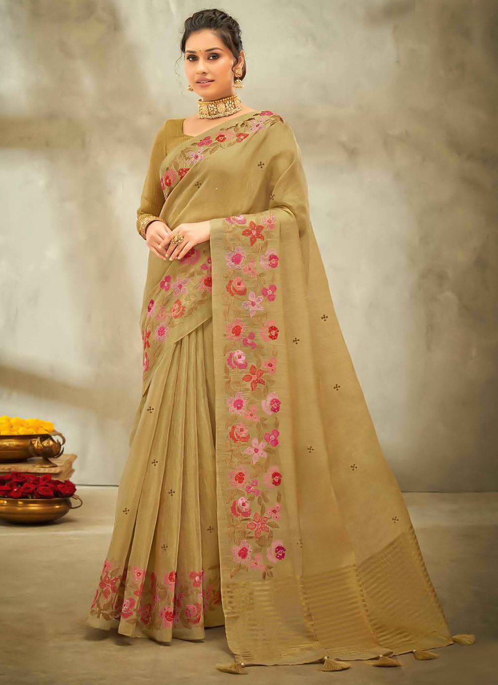 Contemporary Cotton Linen Mustard Embroidered Saree