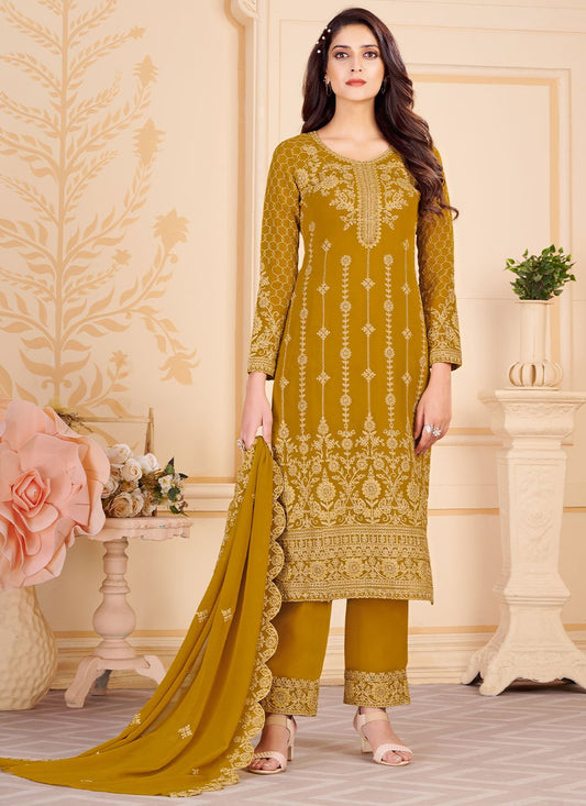 Straight Salwar Suit Faux Georgette Mustard Embroidered Salwar Kameez