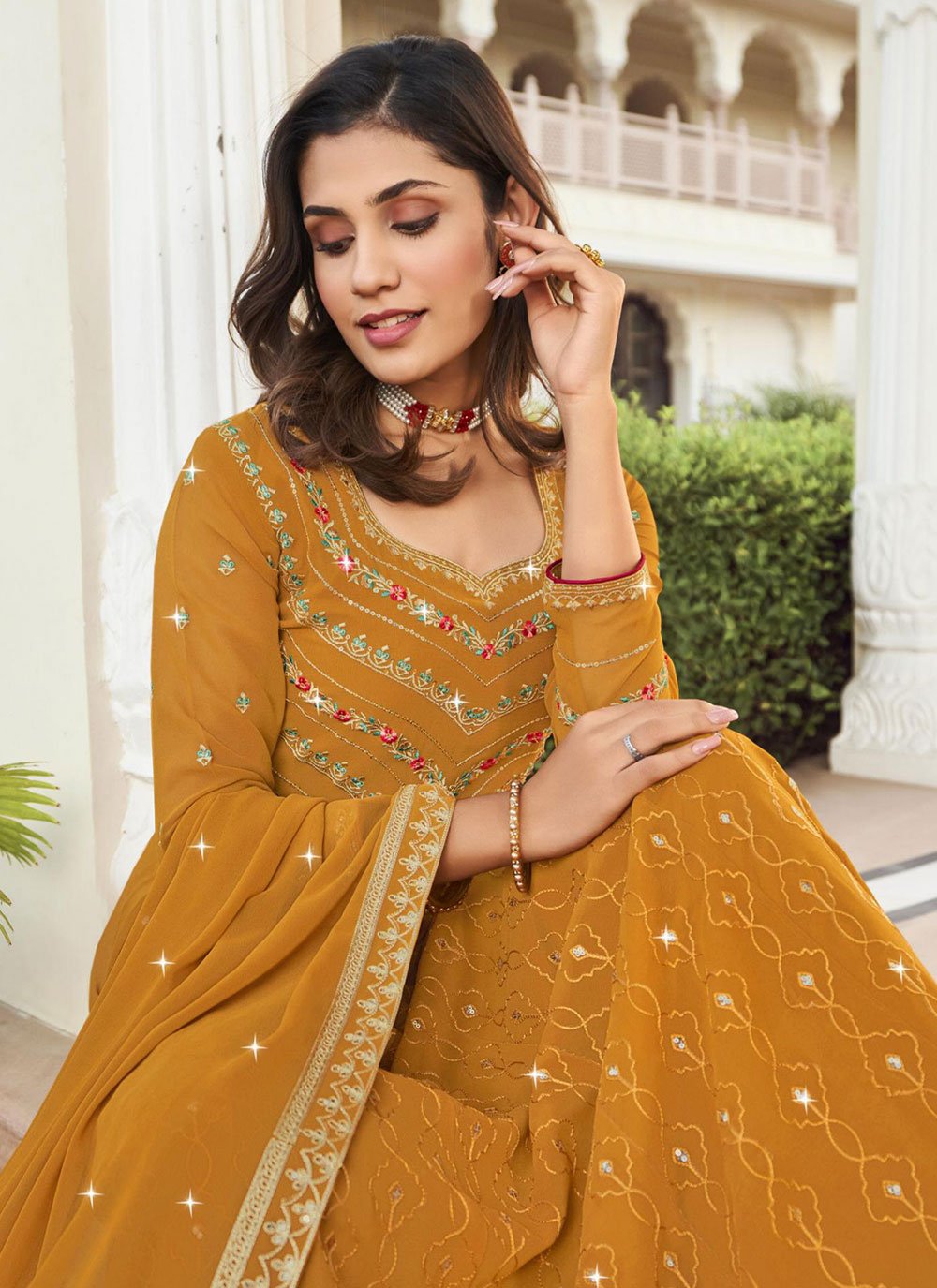 Salwar Suit Georgette Mustard Embroidered Salwar Kameez