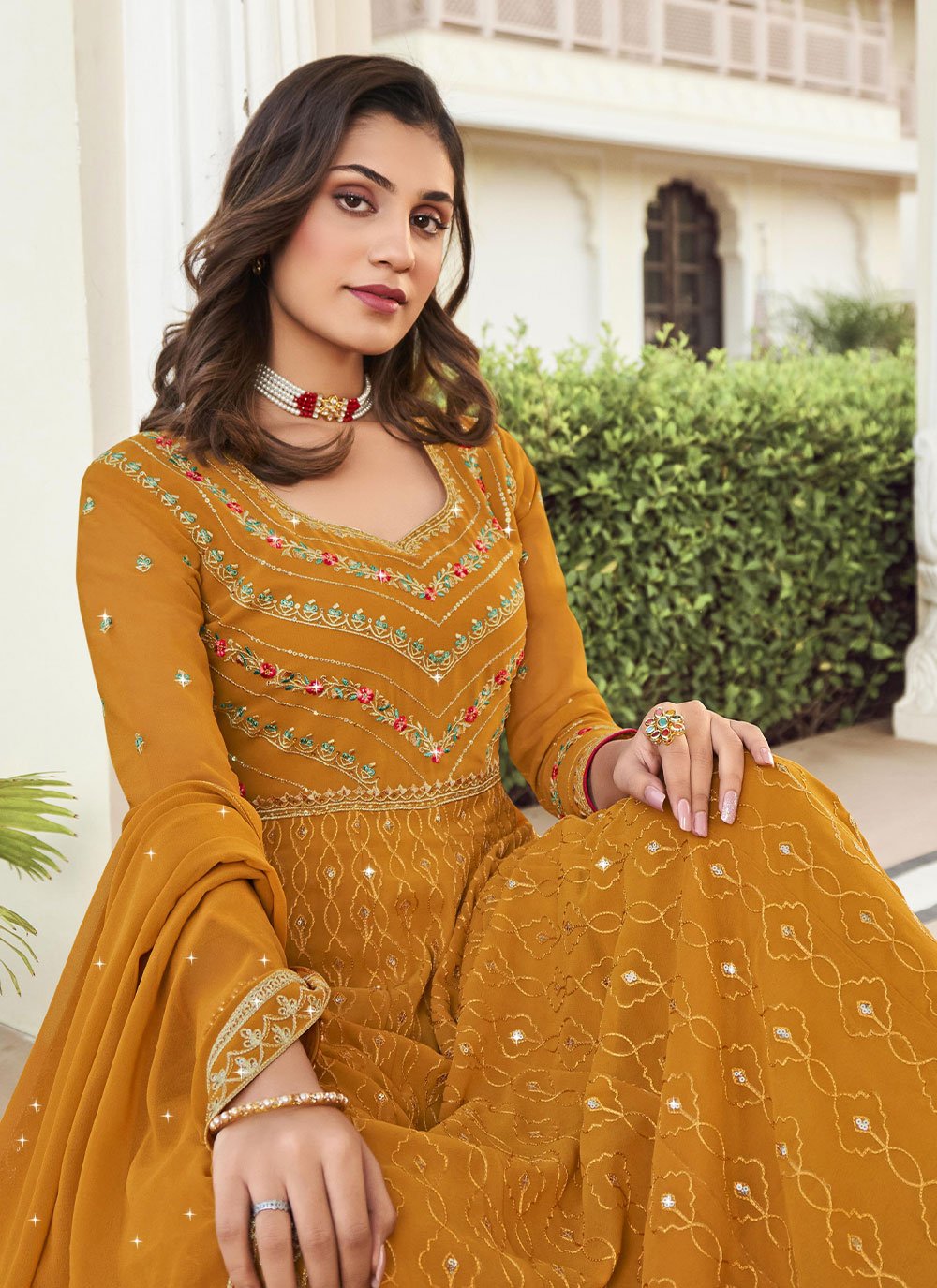 Salwar Suit Georgette Mustard Embroidered Salwar Kameez