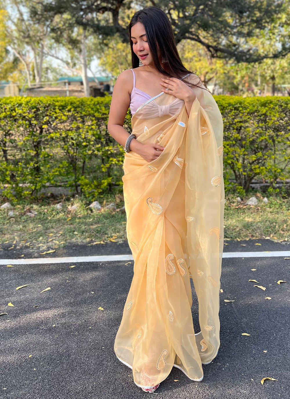 Designer Net Mustard Embroidered Saree