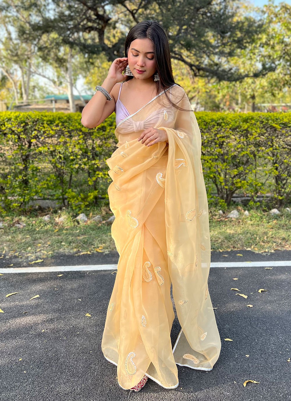 Designer Net Mustard Embroidered Saree