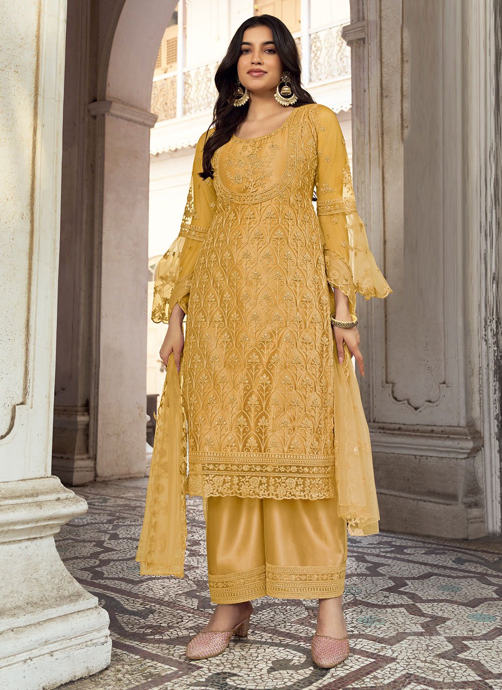 Palazzo Salwar Suit Net Mustard Embroidered Salwar Kameez