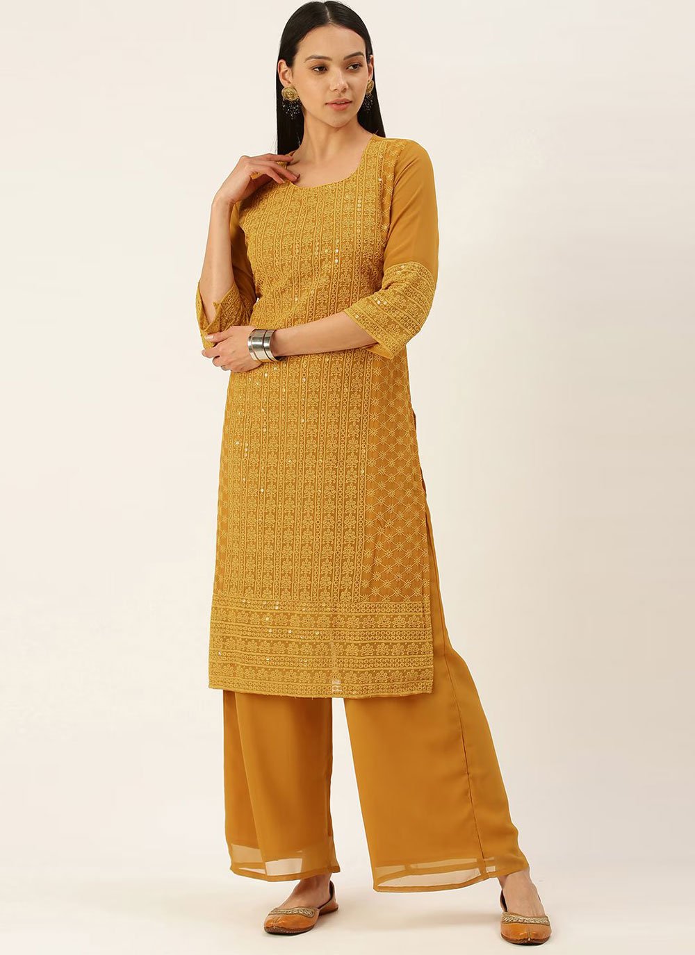 Designer Kurti Georgette Mustard Embroidered Kurtis