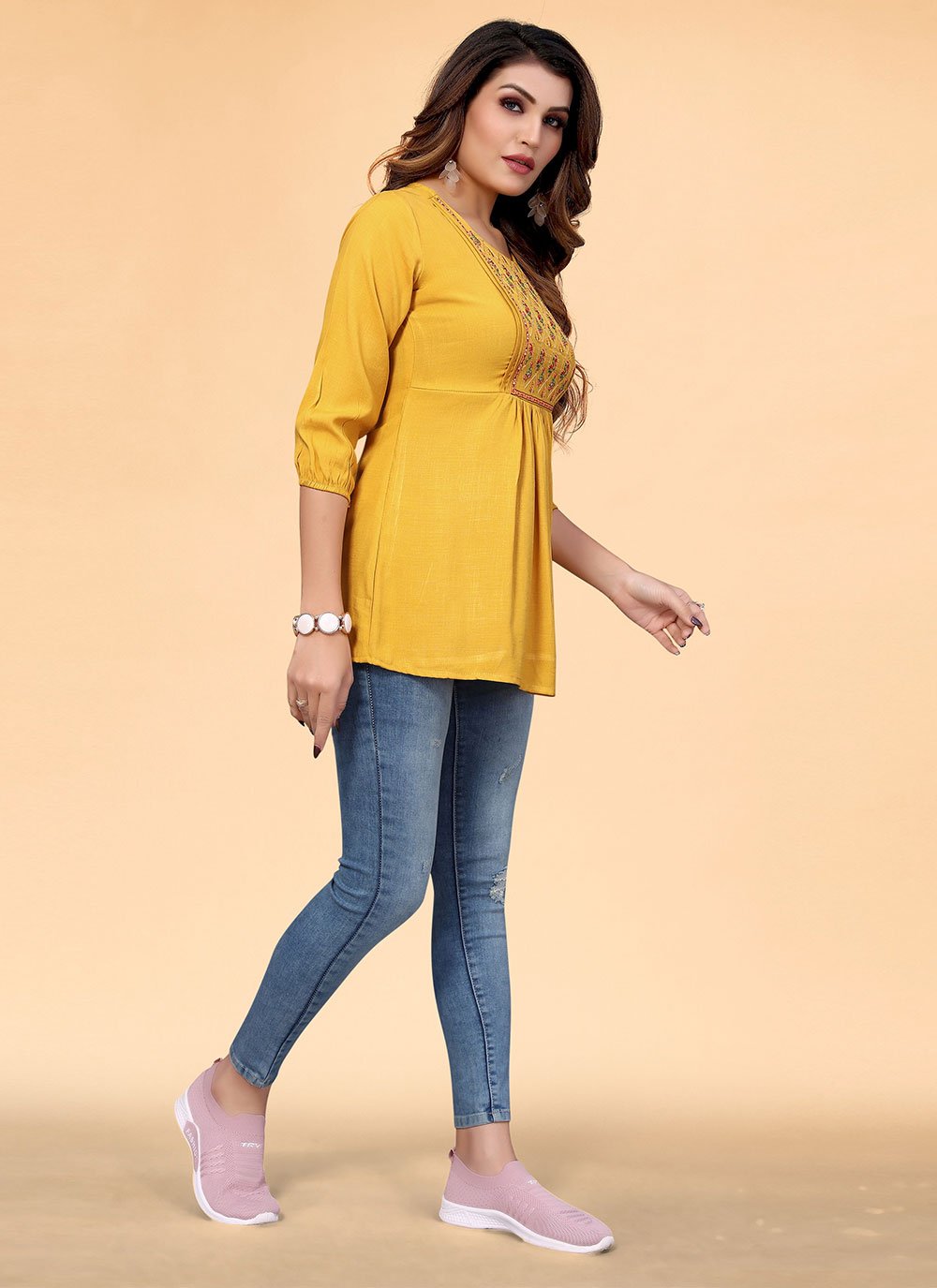 Designer Kurti Rayon Mustard Embroidered Kurtis