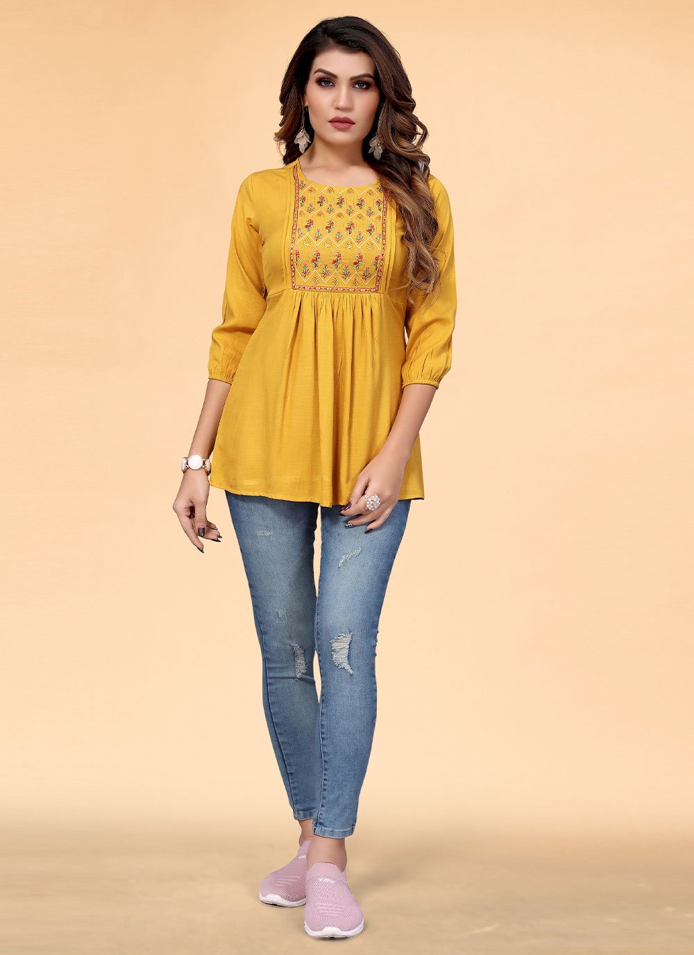 Designer Kurti Rayon Mustard Embroidered Kurtis