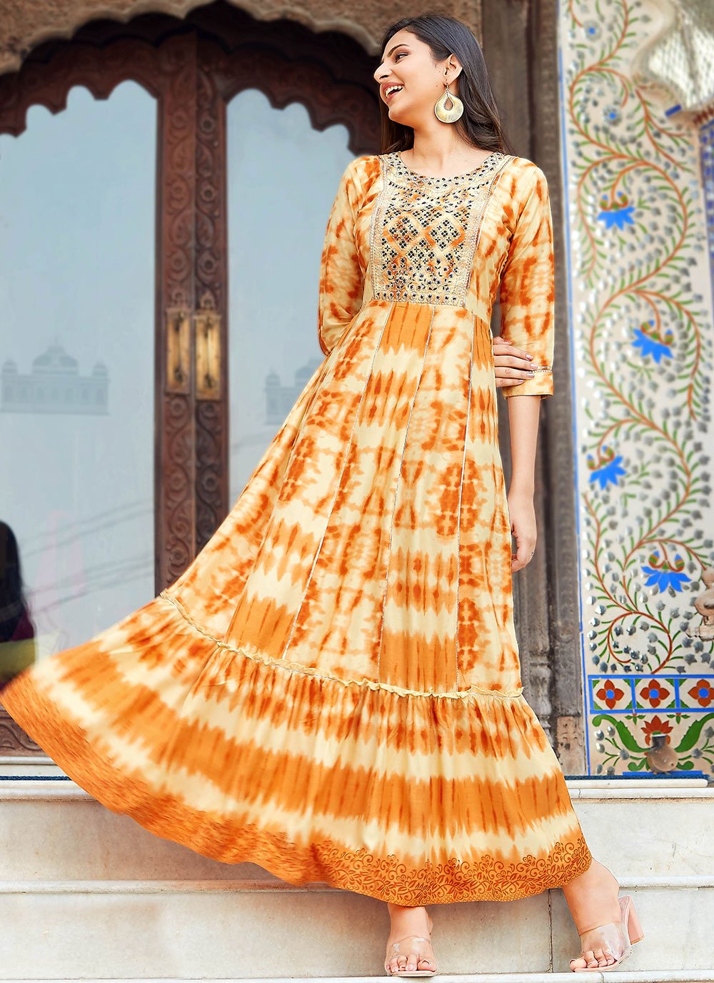 Gown Rayon Mustard Embroidered Gown