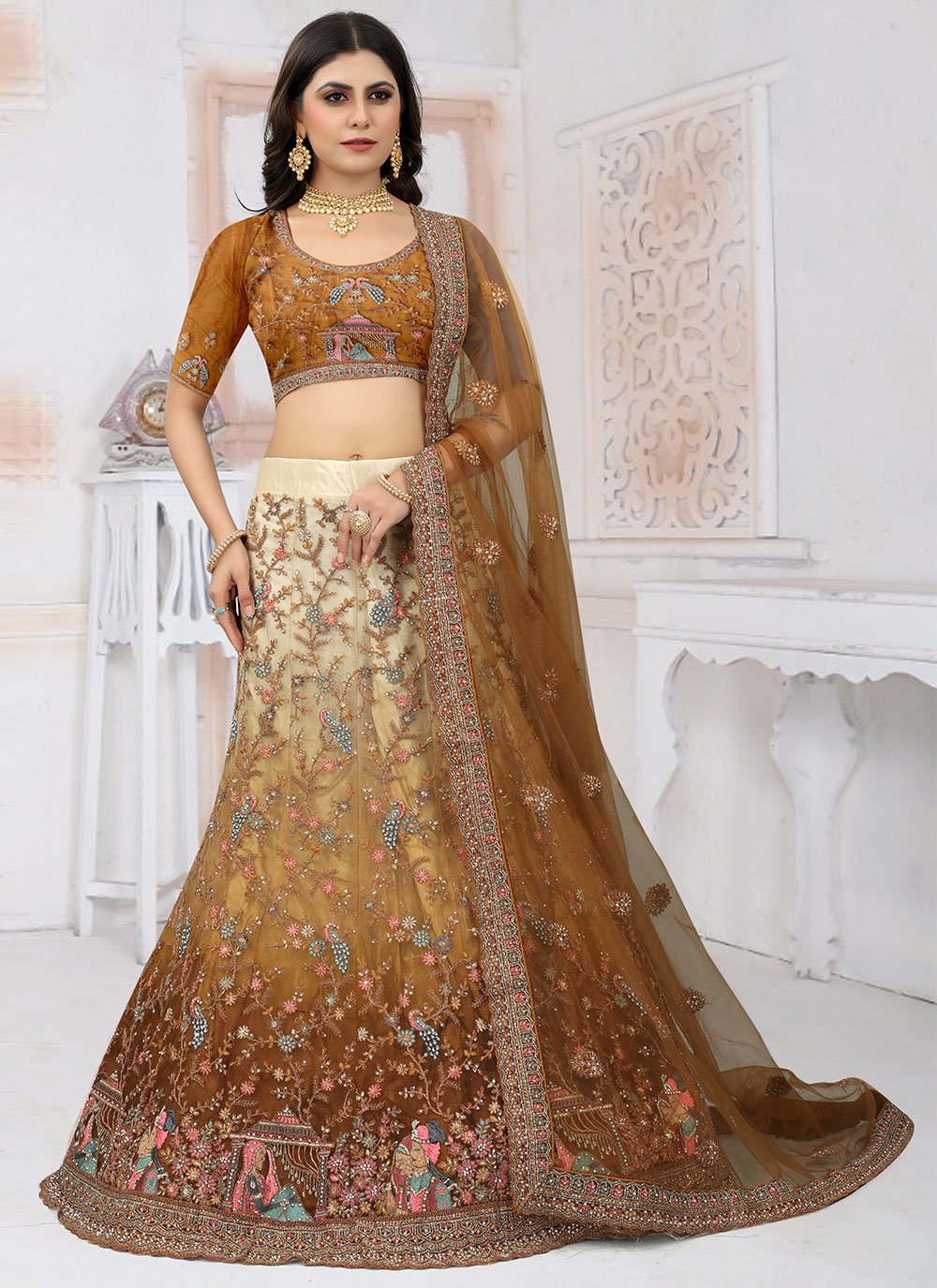 Lehenga Choli Net Mustard Embroidered Lehenga Choli