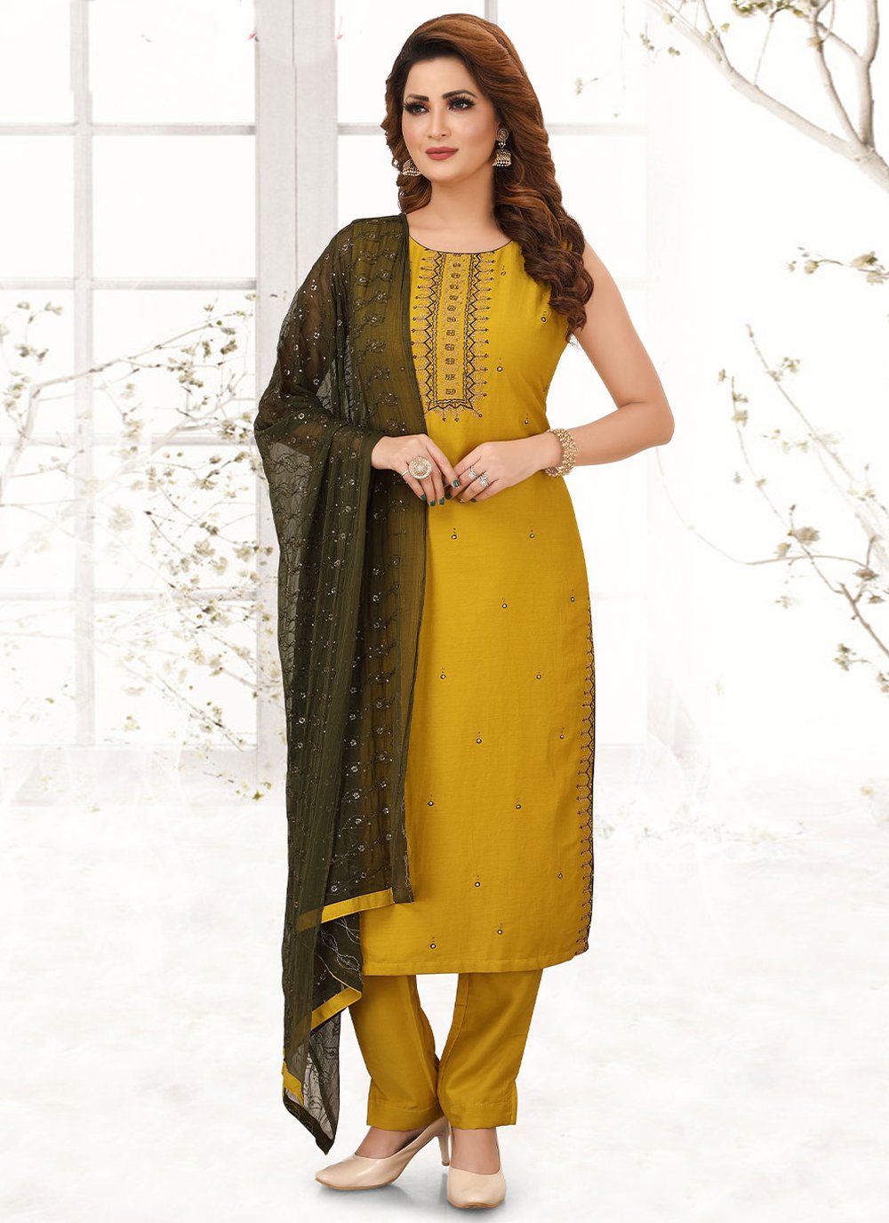 Straight Salwar Suit Silk Mustard Embroidered Salwar Kameez