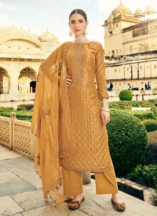 Straight Salwar Suit Cotton Mustard Embroidered Salwar Kameez