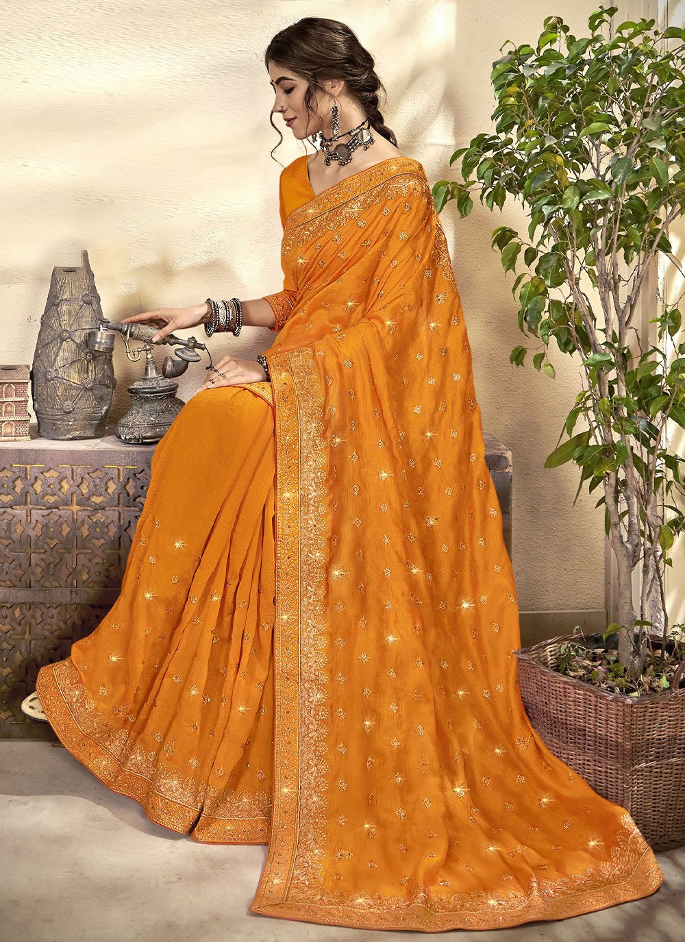 Contemporary Vichitra Silk Mustard Diamond Saree