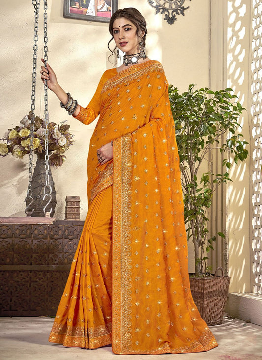 Contemporary Vichitra Silk Mustard Diamond Saree