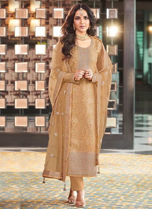 Pant Style Suit Jacquard Viscose Mustard Embroidered Salwar Kameez