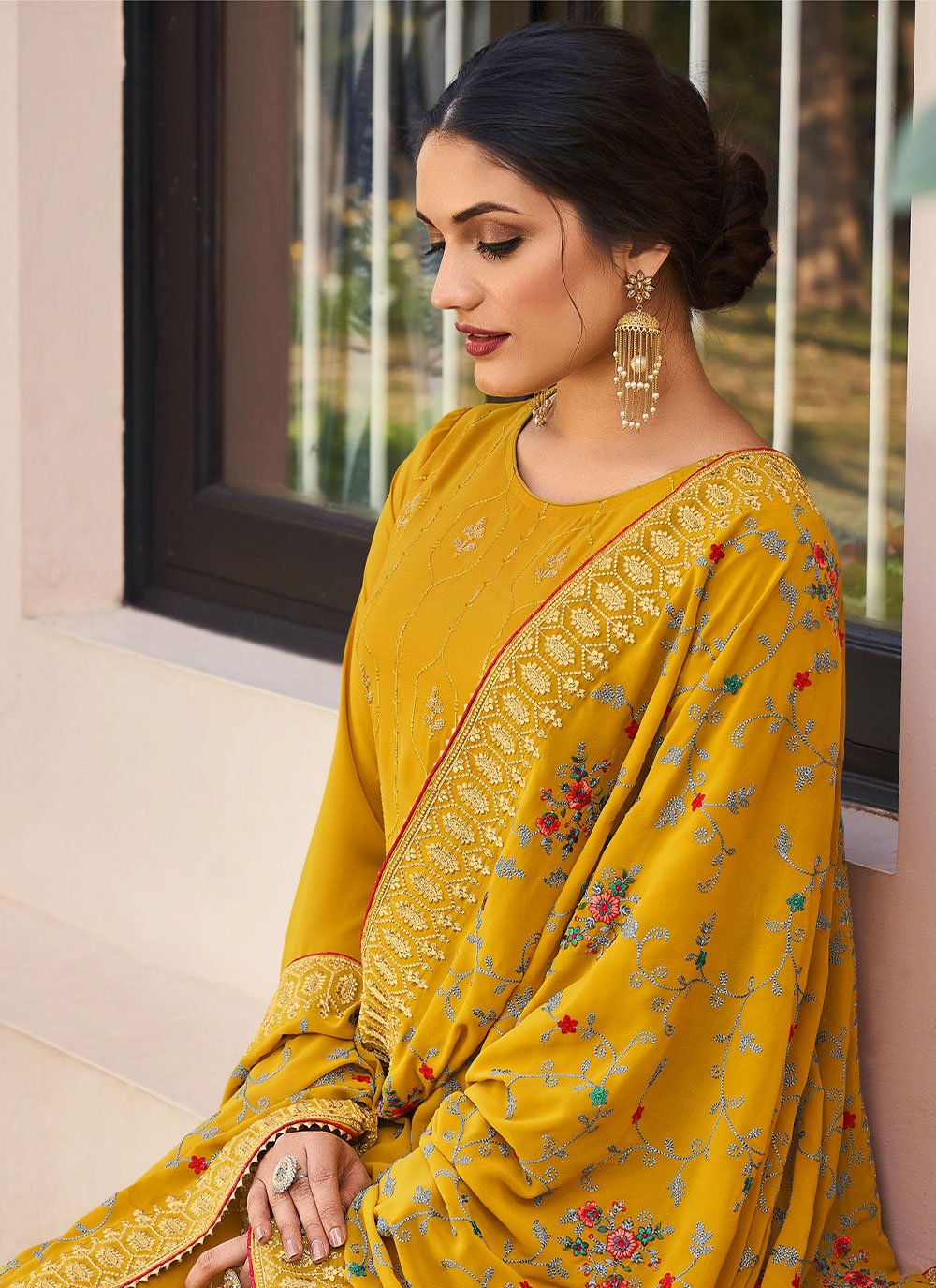 Salwar Suit Faux Georgette Mustard Embroidered Salwar Kameez