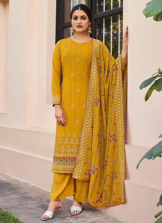 Salwar Suit Faux Georgette Mustard Embroidered Salwar Kameez