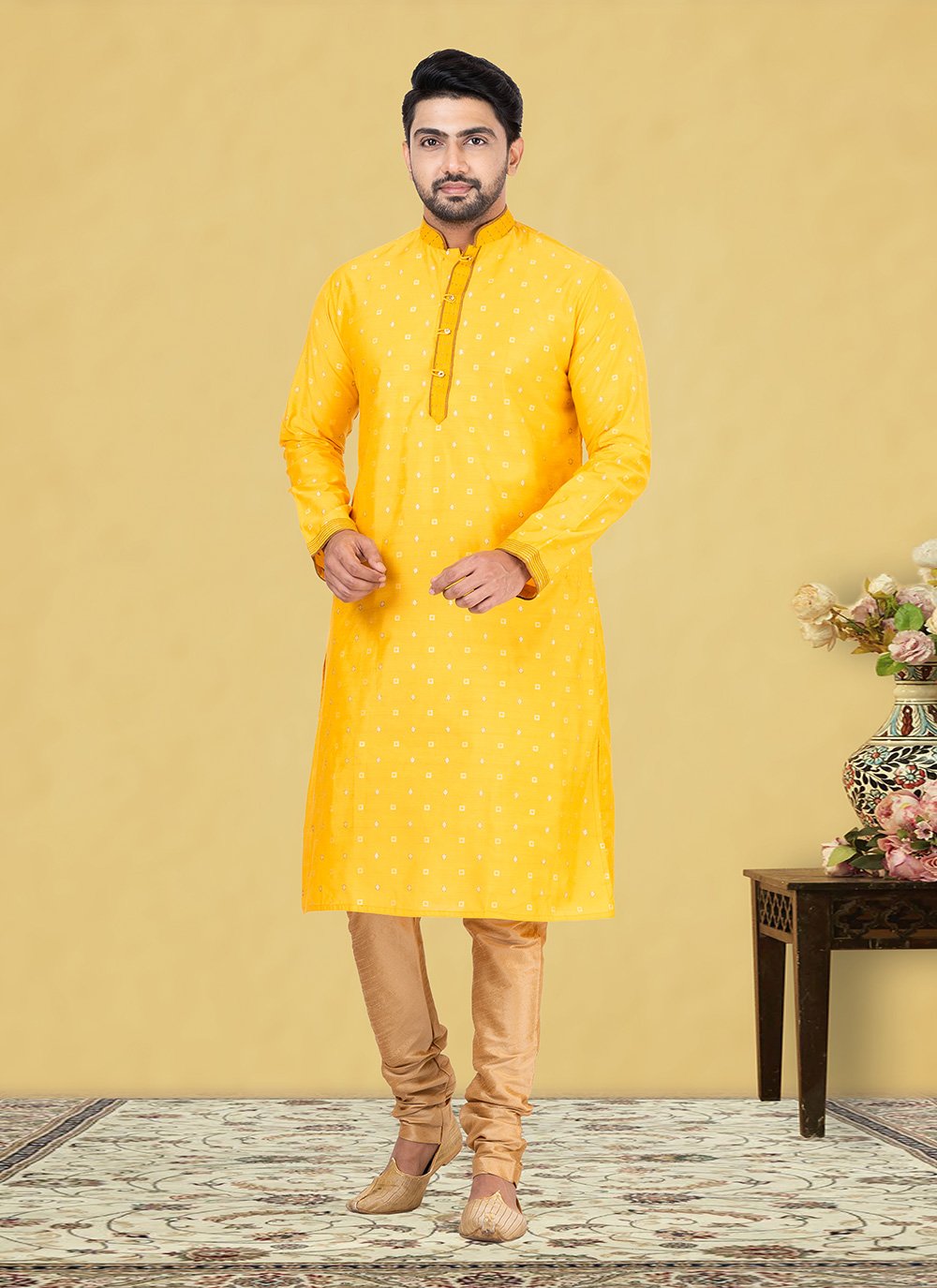 Kurta Pyjama Cotton Mustard Fancy Work Mens