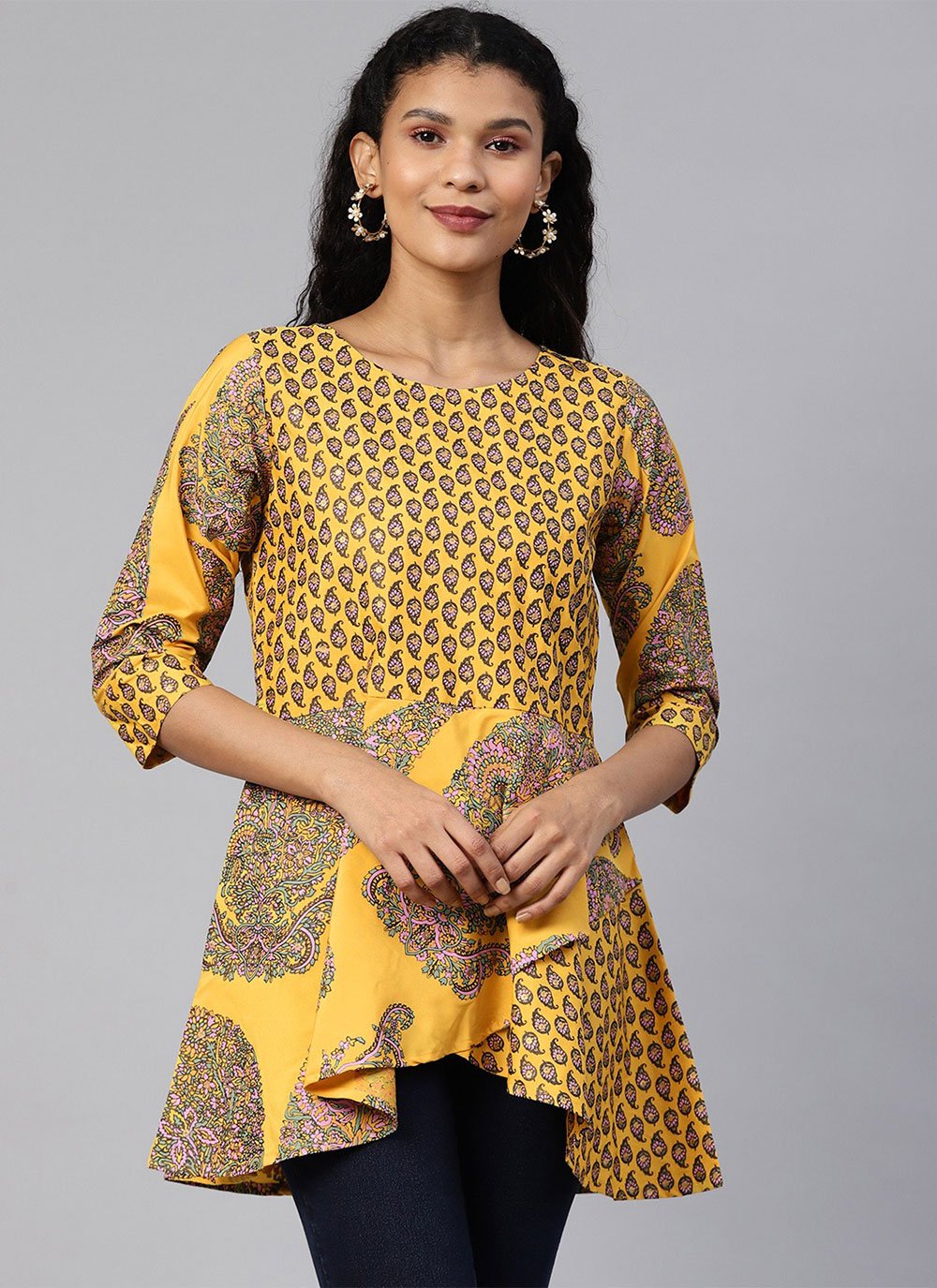 Casual Kurti Faux Crepe Mustard Print Kurtis