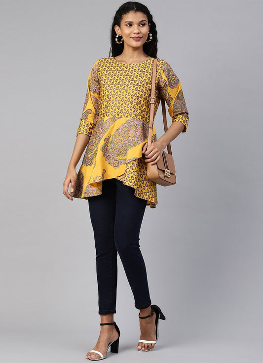 Casual Kurti Faux Crepe Mustard Print Kurtis