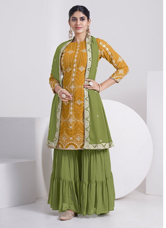 Sharara Set Faux Georgette Mustard Embroidered Salwar Kameez