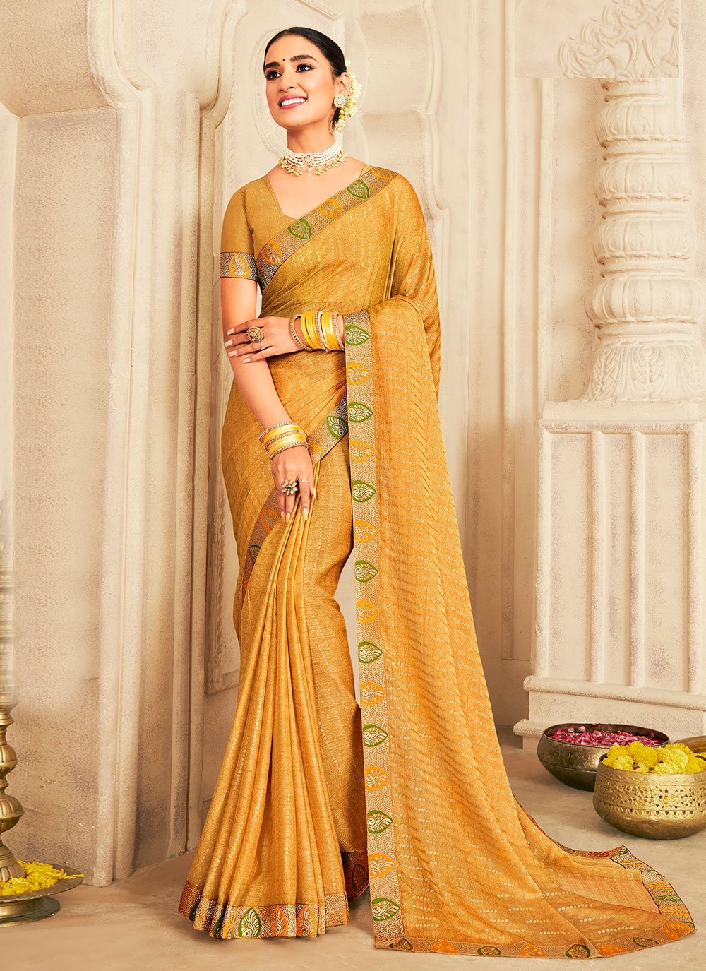 Classic Chiffon Silk Mustard Foil Print Saree