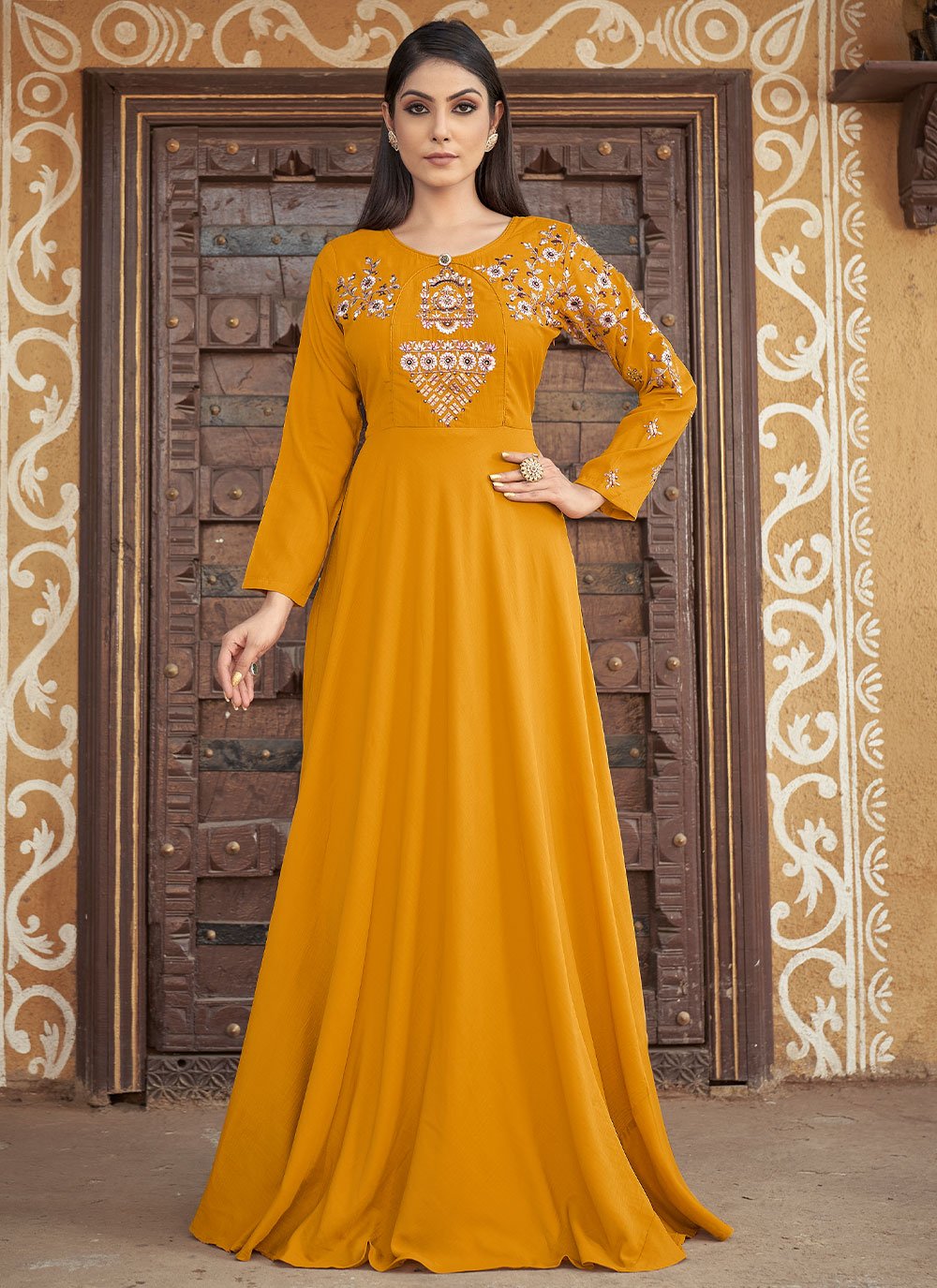 Designer Gown Muslin Mustard Embroidered Gown