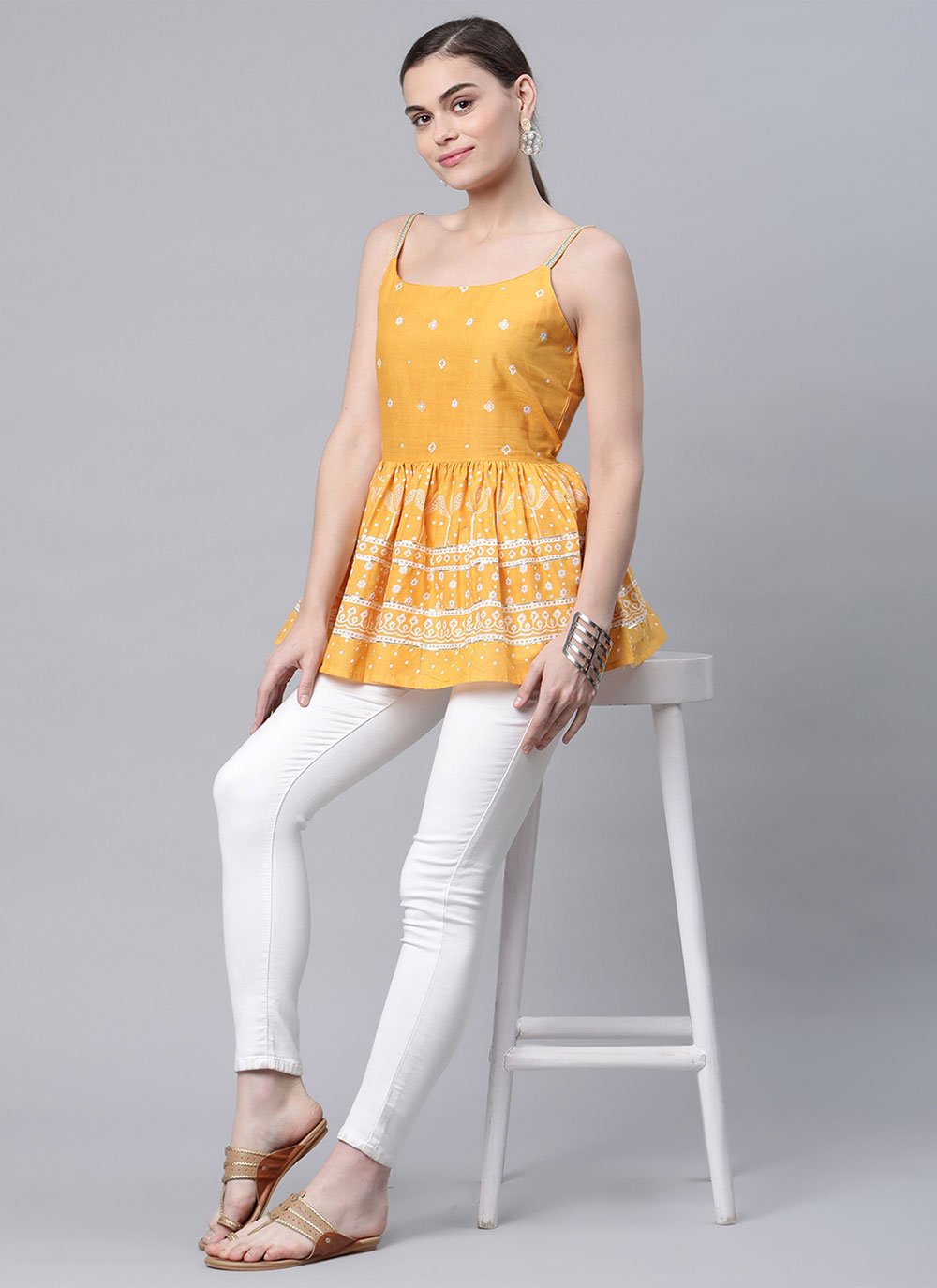 Designer Kurti Cotton Mustard Print Kurtis