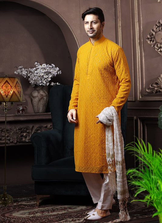 Kurta Pyjama Georgette Lucknowi Mustard Embroidered Mens