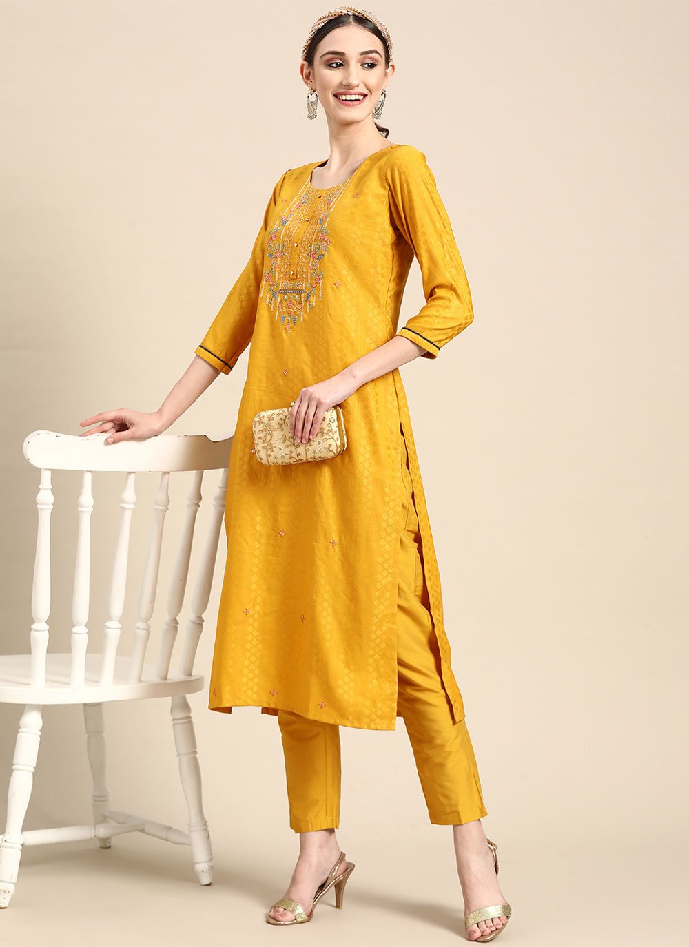 Casual Kurti Poly Rayon Mustard Embroidered Kurtis