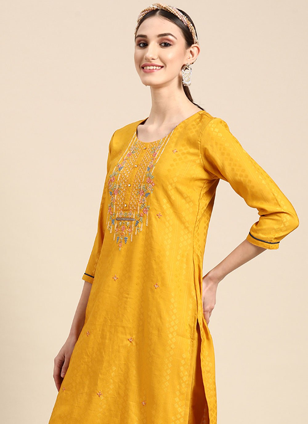 Casual Kurti Poly Rayon Mustard Embroidered Kurtis