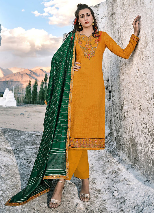 Salwar Suit Chinon Mustard Embroidered Salwar Kameez