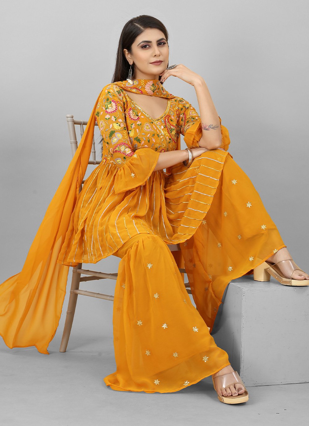 Sharara Set Georgette Mustard Embroidered Salwar Kameez