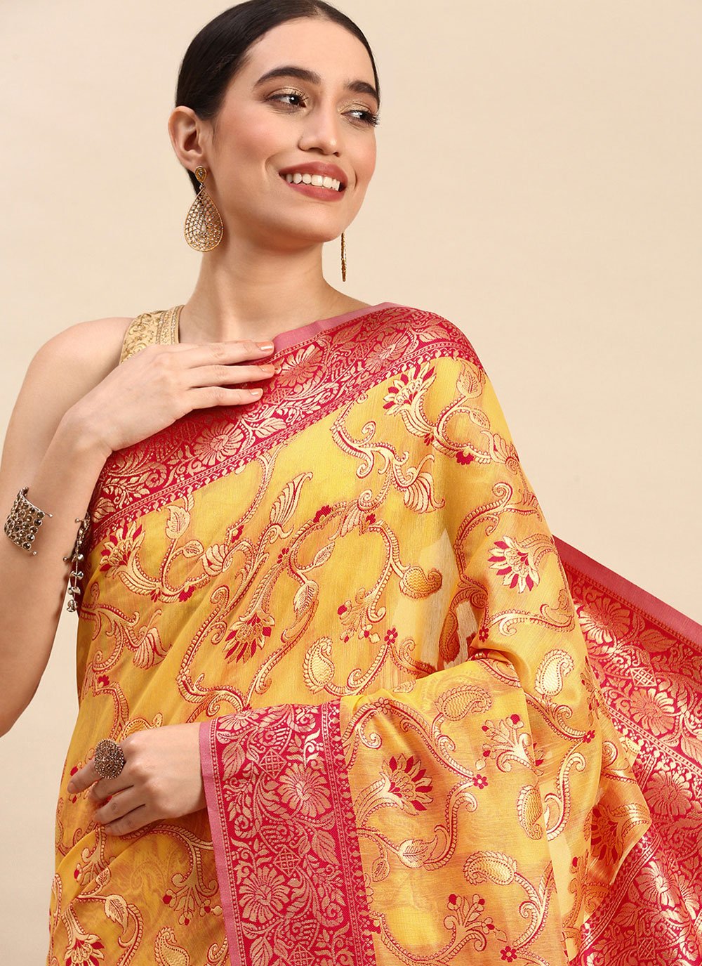 Contemporary Soft Cotton Mustard Weaving Saree