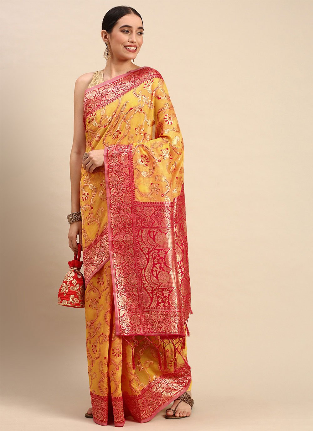 Contemporary Soft Cotton Mustard Weaving Saree