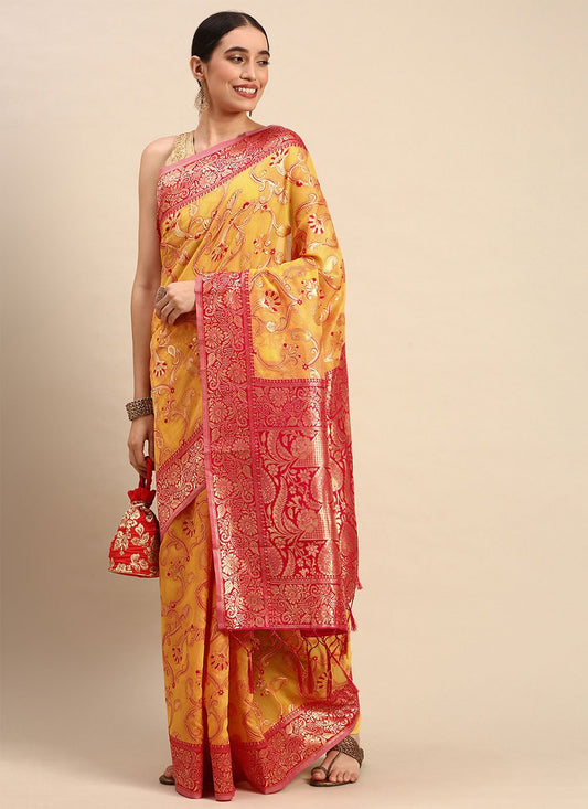 Contemporary Soft Cotton Mustard Weaving Saree