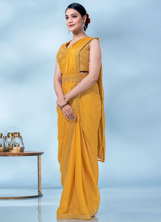 Trendy Saree Chinon Mustard Patch Border Saree