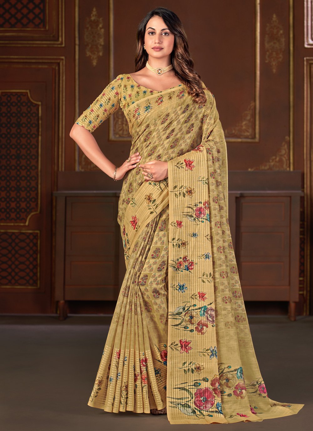 Designer Linen Mustard Floral Patch Saree