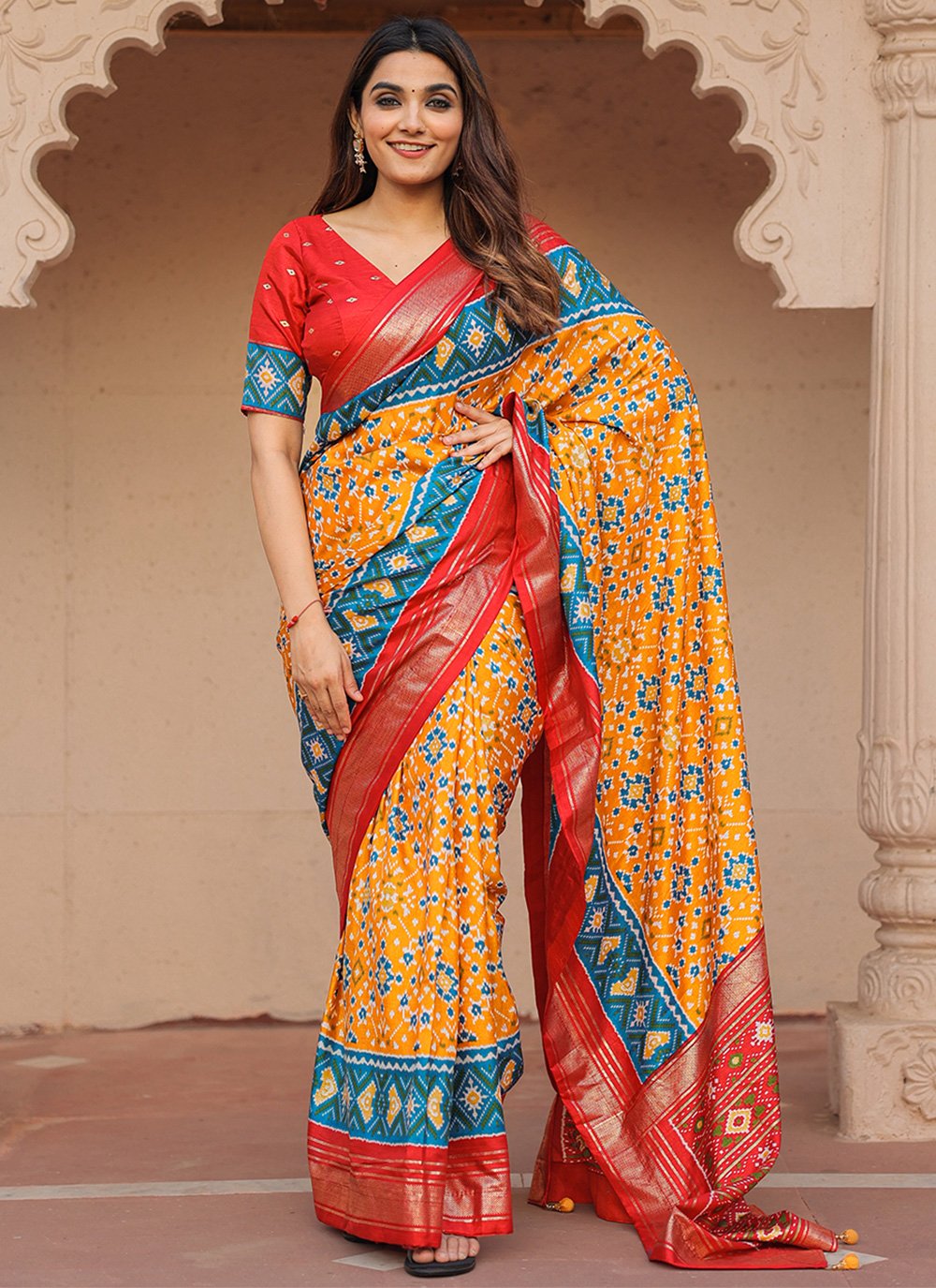 Classic Pure Dola Silk Mustard Foil Print Saree