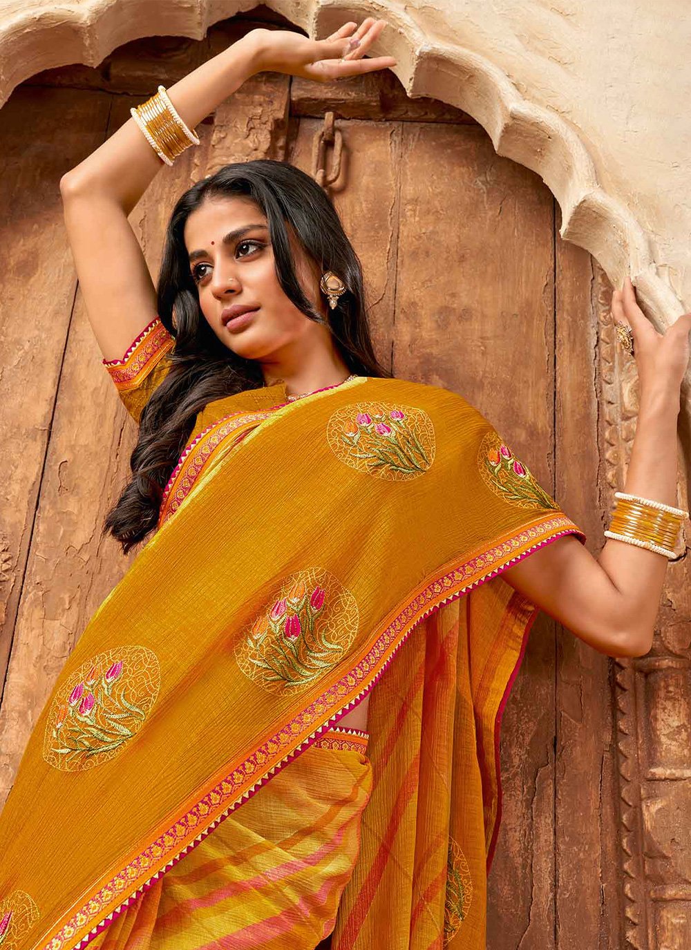 Classic Chiffon Mustard Fancy Work Saree