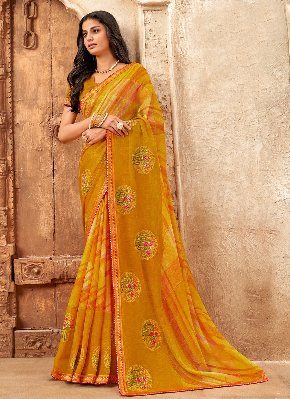 Classic Chiffon Mustard Fancy Work Saree