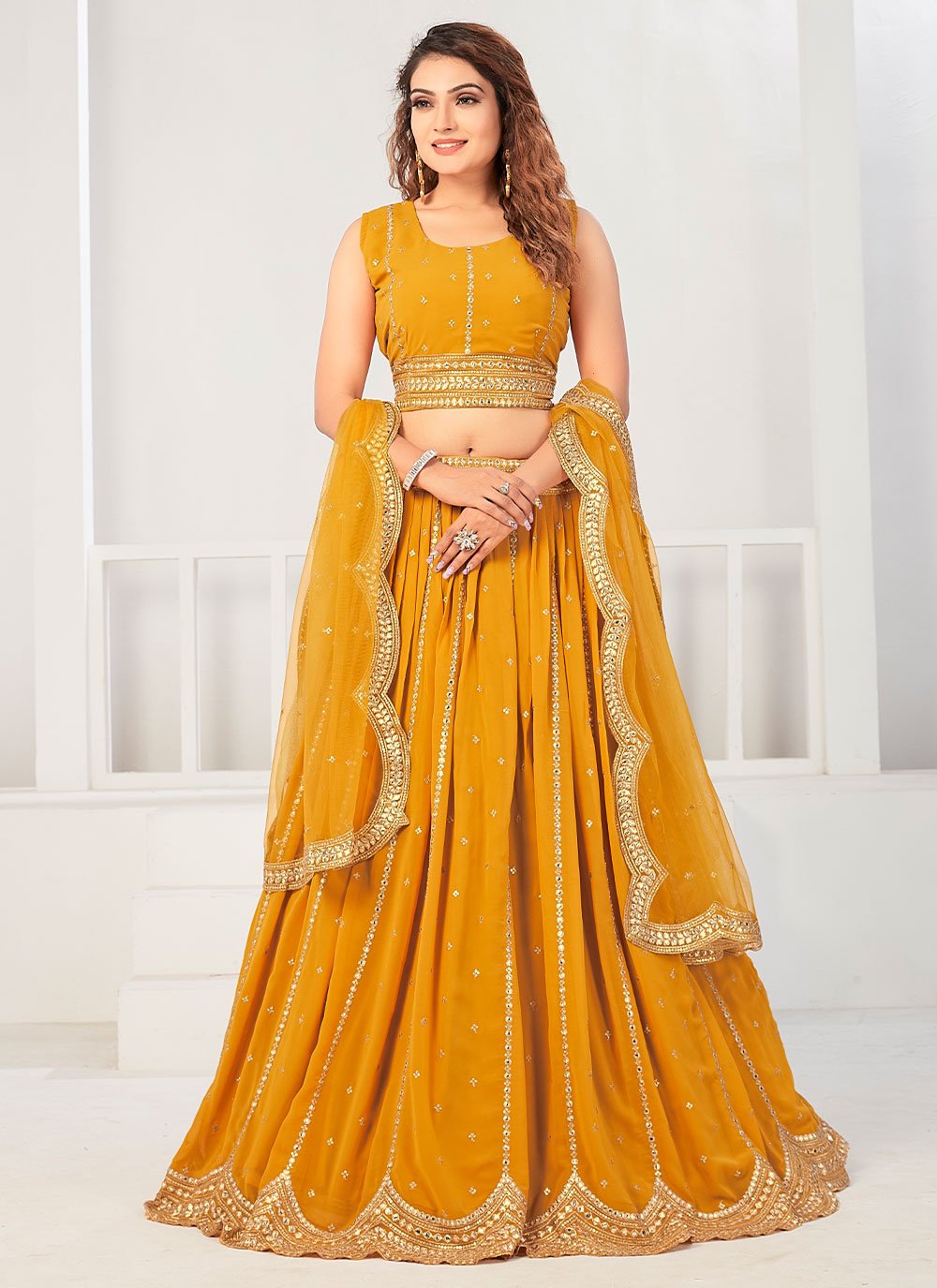 A Line Lehenga Georgette Viscose Mustard Embroidered Lehenga Choli