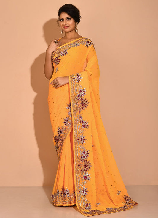 Trendy Saree Georgette Mustard Embroidered Saree