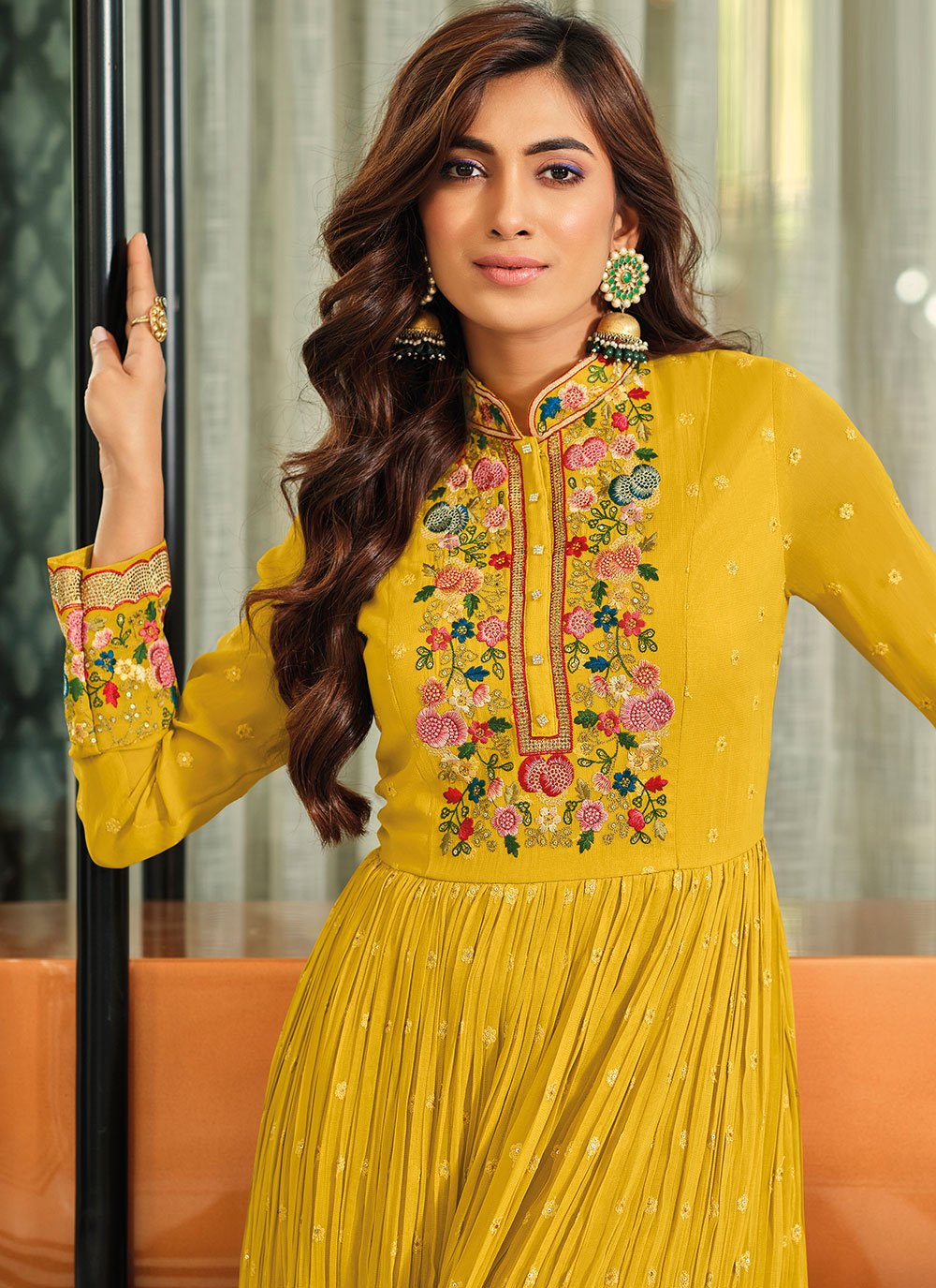 Gown Georgette Mustard Embroidered Gown