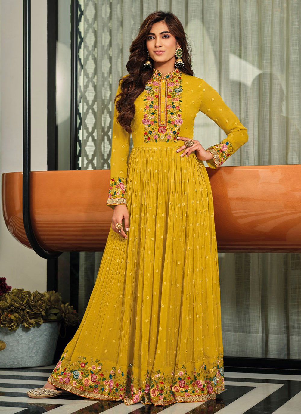 Gown Georgette Mustard Embroidered Gown