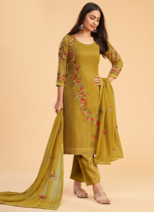 Trendy Suit Georgette Mustard Embroidered Salwar Kameez